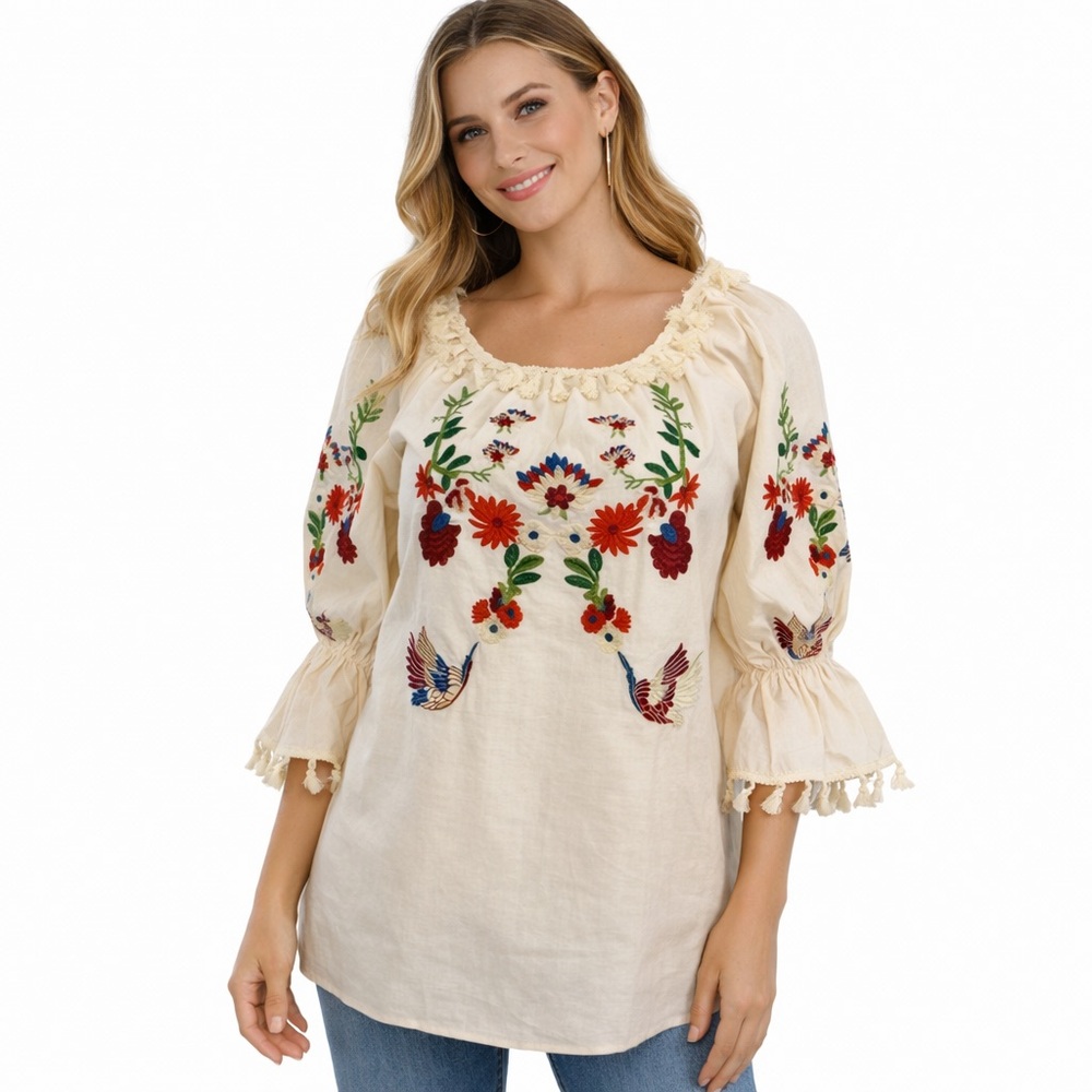 Tan Embroidered Floral, Bird Design and Ruffled, Tasseled 3/4 Sleeve Tunic - Picture 2 of 14